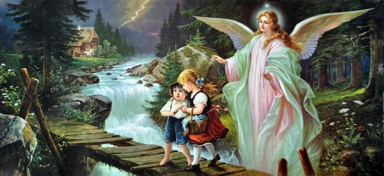 Ein Schutzengel beschützt zwei Kinder, die einen Fluss auf einer alten Holzbrücke überqueren