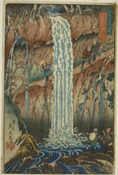 Rückwärtsblickender Wasserfall, einer der drei Wasserfälle (Urami-ga-taki, santaki no sono ikkei), aus der Serie "Berühmte landschaftliche Orte in den Bergen von Nikko (Nikkosan meisho no uchi)"