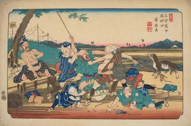 Iwamurata, Kampf der Blinden, Tafel 23 aus der Folge: Neunundsechzig Stationen der Kiso-Kaidō-Straße / Kisokaido rokujukyu tsugi