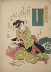 Frau, die eine Saite auf eine Shamisen aufzieht, aus der Serie: Musikwettbewerb im Shamisen-Spiel in Edo / Edo ongyoku uta-awase