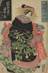Kurtyzana Hosan aus dem Freudenhaus Okamotoya / Okamotoya no Hosan, aus der Serie: Frauen aus sieben bekannten Häusern in Shin Yoshiwara / Shin Yoshiwara zensei shichi kenjin