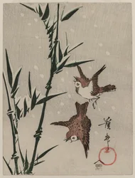 Spatzen, Bambus und fallender Schnee, ca. späte 1820er Jahre