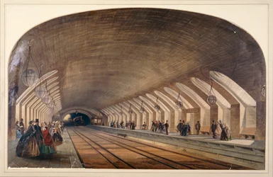 Innenansicht der Baker Street Station mit Bahnsteigen und einem einfahrenden Zug, London, ca. 1865