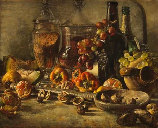 Stillleben mit Früchten, Nüssen und Flaschen