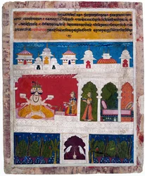 Eine Dame auf einer Terrasse bietet das alte vedische Ritualopfer Brahma dar, ca. 1725