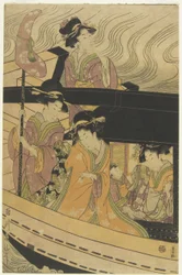 Vier Kurtisanen und ein Begleitmädchen auf einem Boot