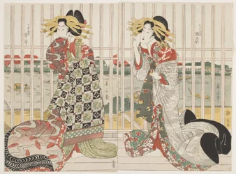 Die Kurtisanen Hinaya und Karauta hinter dem vergitterten Fenster des Chojiya-Hauses am Sumida-Fluss während der Kirschblütenzeit