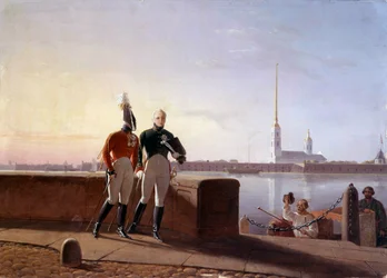 Der russische Zar Alexander I. (1777-1825) und sein Bruder Konstantin am Ufer der Newa