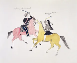 Symbolische Darstellung des Konflikts zwischen den Indianern und den Weißen, dargestellt durch ihre beiden berühmtesten Anführer, General Custer und Crazy Horse