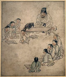 Eine Schulklasse. Gemälde von Danwon (Kim Hongdo) (1745-1806), Tinte auf Papier, koreanische Kunst, Joseon-Periode (Choson) 18. Jahrhundert. Nationalmuseum von Korea, Seoul (Südkorea).
