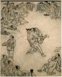 Szene des traditionellen Ringens, mit Zuschauern und einem Süßwarenverkäufer. Gemälde von Danwon (Kim Hongdo) (1745-1806), Tinte auf Papier, koreanische Kunst, Joseon-Periode (Choson) 18. Jahrhundert. Nationalmuseum von Korea, Seoul (Südkorea).