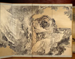 Sechsteilige Leinwand mit einem brüllenden Tiger