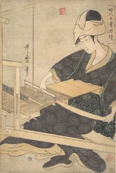 Eine Frau beim Weben, sitzend an einem Handwebstuhl, ca. 1796.