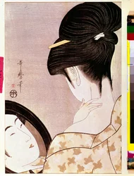 Eine Frau pudert ihren Nacken im Schatten. Japanischer Druck von Kitagawa Utamaro (1753-1806). 0,37 x 0,22 m. 1795-1796. Paris, Musée Guimet, Nationalmuseum der asiatischen Künste