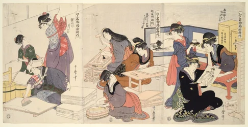 Künstler, Blockschneider, der Leim aufträgt (Eshi, hangashi, dosa-biki), aus der Serie Die Kultivierung von Brokatdrucken, ein berühmtes Produkt von Edo (Edo meibutsu nishiki-e kosaku)