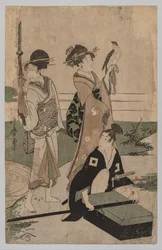 Daimyō und sein Gefolge überqueren einen Bach in der Ebene bei Fuji