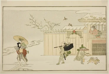 Neujahrsgeschenke im Schnee überreichen, aus der illustrierten Kyoka-Anthologie "Der junge Gott Ebisu (Waka Ebisu)"