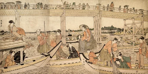 Fischerboote mit Netzen unter der Ryogoku-Brücke, 1790er Jahre