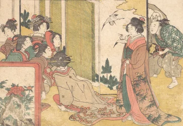 Mädchen, die von Darstellern unterhalten werden, aus dem illustrierten Buch Blumen der vier Jahreszeiten, 1801