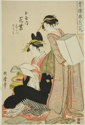 Hanamurasaki vom Tamaya, (kamuro:) Shirabe, Teriha, Blumen aus der Serie Schnee, Mond und Blumen in Yoshiwara (Seiro setsugekka)