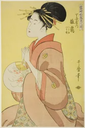 Hinazuru vom Chojiya, deren Begleiter Tsuruji und Tsuruno sind, aus der Serie "Reihe der höchsten Schönheiten der Gegenwart"