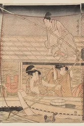 Netzfischen bei Nacht auf dem Sumida-Fluss