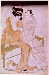 Darstellung eines japanischen Paares, das sich auf einer Bank streichelt. Drucke von Utamaro Kitagawa (1753-1806). Paris, Guimet Museum, Nationalmuseum für asiatische Kunst