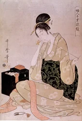 Nähen, Serie über Frauenhandarbeit: Eine Schneiderin schneidet den Faden mit den Zähnen. Japanischer Druck von Utamaro Kitagawa (1753-1806). Maße: 0,37x0,26 m. 18. Jahrhundert. Paris, Guimet-Museum, Nationalmuseum für Asiatische Kunst