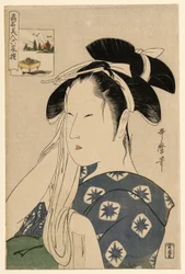 Die Asahiya-Witwe, aus der Serie "Berühmte Schönheiten verglichen mit den sechs unsterblichen Dichtern" ("Komei bijin rokkasen")