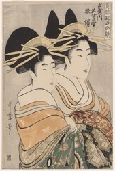 Die Kurtisanen Kasugano und Utahama von Tamaya aus der Serie Kurtisanen der Vergnügungsviertel in Doppelspiegeln