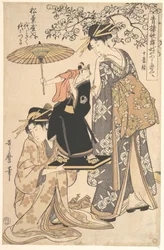Die Oiran Yoyogiku aus dem Matsubaya unter einem Kirschbaum stehend