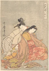 „Der Dichter Ariwara no Narihira (825-880) und Ono no Komachi“, aus der Serie Fünf Farben der Liebe für die sechs unsterblichen Dichter (Goshiki-zome rokkasen)