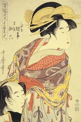Die Liebenden Miuraya Agemaki und Yorozuya Sukeroku (Oban aus Jitsu kurabe iro no minakami), ca. 1798–1799