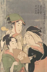 Drei Niwaka-Darsteller, Chasenuri, Kurokiri und Saimon..., ca. 1794