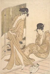 Zwei junge Frauen in Yukata nach einem Bad, ca. 1796