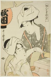 Frauen bereiten Gion-Bohnenquark zu, aus der Serie "Zwölf Arten von Frauenhandwerk (Fujin tewaza juni-ko)"