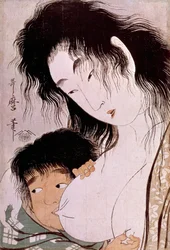 Yamauba und Kintaro: die tetee. Japanischer Druck von Utamaro Kitagawa. Paris, Guimet Museum, Nationalmuseum für Asiatische Kunst