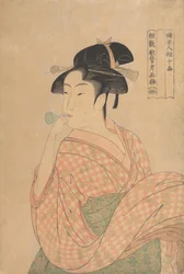 Junge Frau, die einen Popen-Glaslärmmacher bläst..., ca. 1792-93.