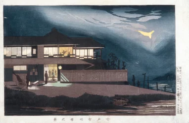 Ansicht der Vergnügungshäuser in Imado bei Sonnenaufgang
