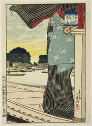 Fernblick auf den Matsuchi-Hügel vom Sumida-Fluss (Sumidagawa yori Matsuchiyama enkei), aus der Serie "Hundert Ansichten der Provinz Musashi (Musashi hyakkei no uchi)"