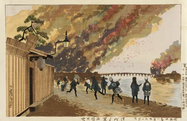 Großbrand in Ryōgoku, von Hamachō aus skizziert, 26. Januar 1881