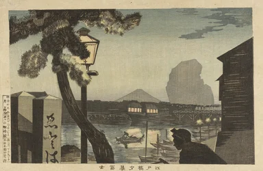 Der Fuji in der Abenddämmerung von der Edo-Brücke aus