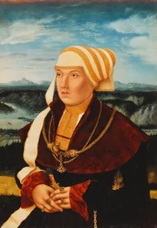 Porträt von Dorothea von Stralenburg, 26 Jahre alt, dreiviertel Länge, in einem roten und schwarzen Kleid mit goldenen Verzierungen, vor einer weiten Landschaft, 1533