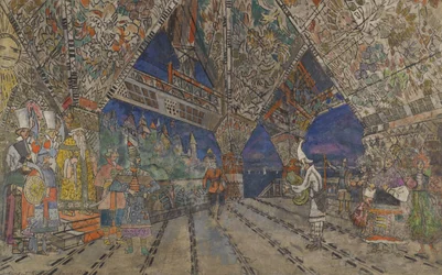 Bühnenbildentwurf für die Oper „Der goldene Hahn“ von N. Rimski-Korsakow