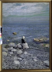Am Ufer des Schwarzen Meeres. Eine einsame, elegante Frau sitzt auf den Felsen am Strand und blickt über das Meer zum Horizont. Gemälde, 1861-1939, um 1890.