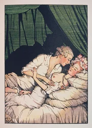 Illustration für "Das Buch der Marquise" von Franz Blei (eine Marquise, mit nackten Brüsten, liegt mit ihrem Liebhaber im Bett) - Werk von Konstantin Andreyevich Somov (1869-1939)