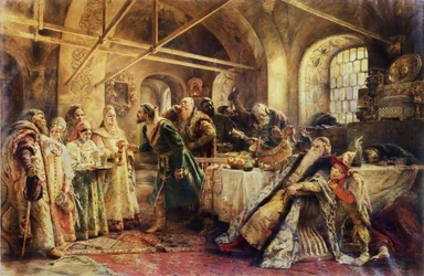 Die Kusszeremonie - Zur Zeit des Domostroi wählt im Großfürstentum Moskau ein Bojar seine zukünftige Frau; die Kandidatinnen tragen Sarafankleider und die traditionelle Kopfbedeckung Kokoschnik
