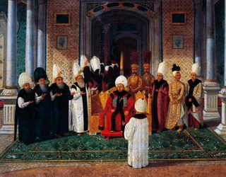 Selim III. (1761-1808) empfängt Würdenträger unter dem Baldachin des Tores des Glücks im Topkapi, Detail aus der Zeremonie zur Thronbesteigung von Sultan Suleyman III., ca. 1789 (Öl auf Leinwand)
