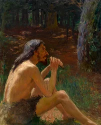 Prähistorischer Mann spielt Flöte - Gemälde von Konstantin Pawlowitsch Kusnezow (1863-1936)