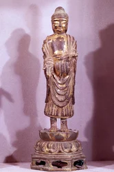 Koreanische Kunst: Buddha-Statuette aus vergoldeter Bronze. Silla-Periode, 8. Jahrhundert. Hyung Pil Chun Sammlung